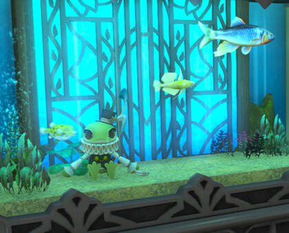 A fish tank with a moonlit window in the background features a Fuath plush