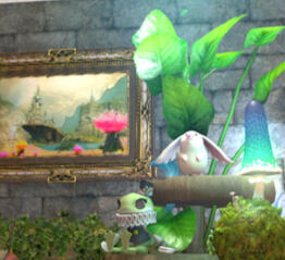 A display shows a porxie and a Fuath surrounded by plants in front of a picture of Il Mheg