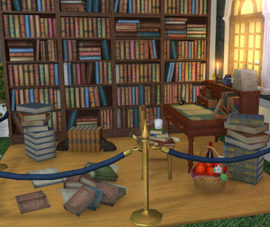 An exhibit of a messy library nods to the Bookman's Shelves