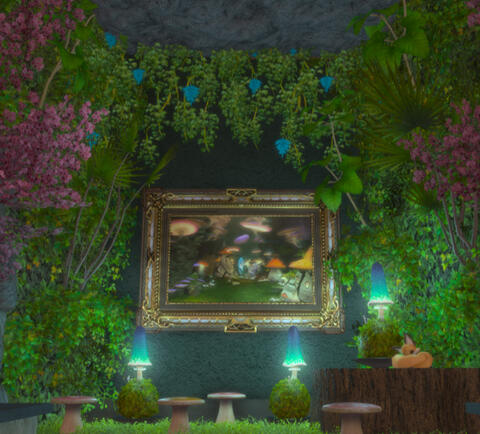 A diorama of the caves of Pla Enni features glowing mushrooms, toadstools, foliage, and a sleeping fox